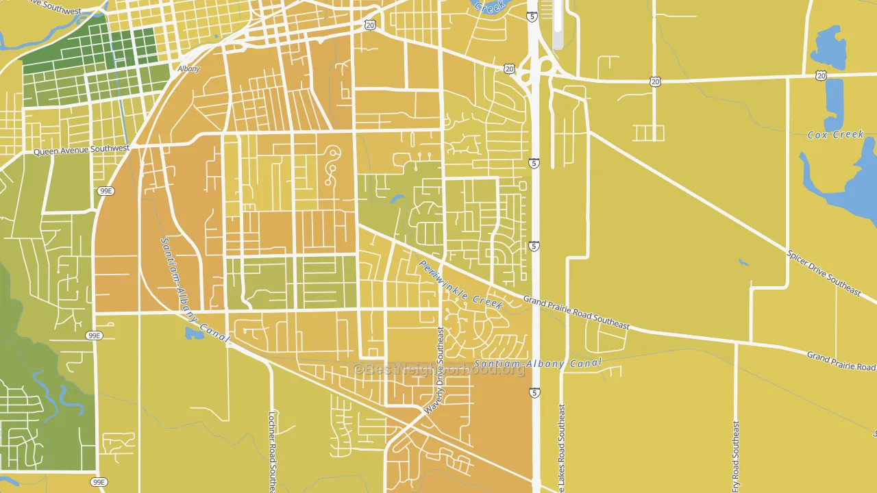 Map of the best neighborhoods in the Periwinkle, Albany area, with better matches in green and worse matches in red