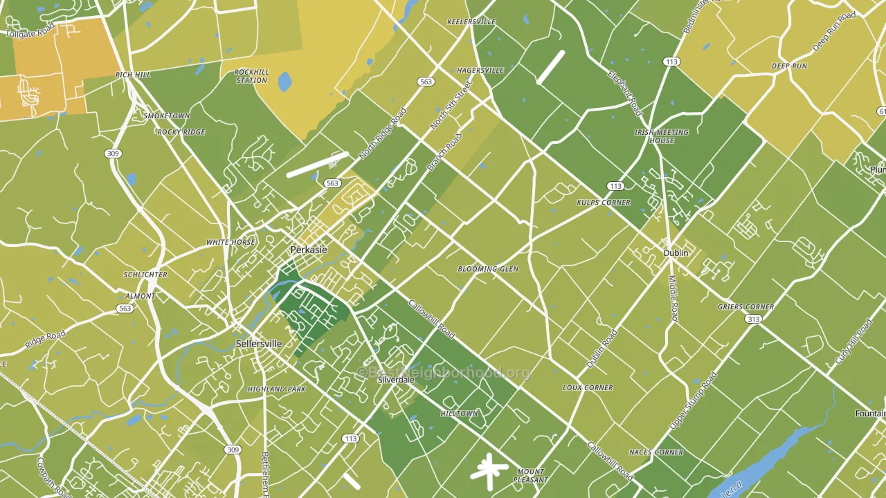 Map of the best neighborhoods in the Perkasie area, with better matches in green and worse matches in red