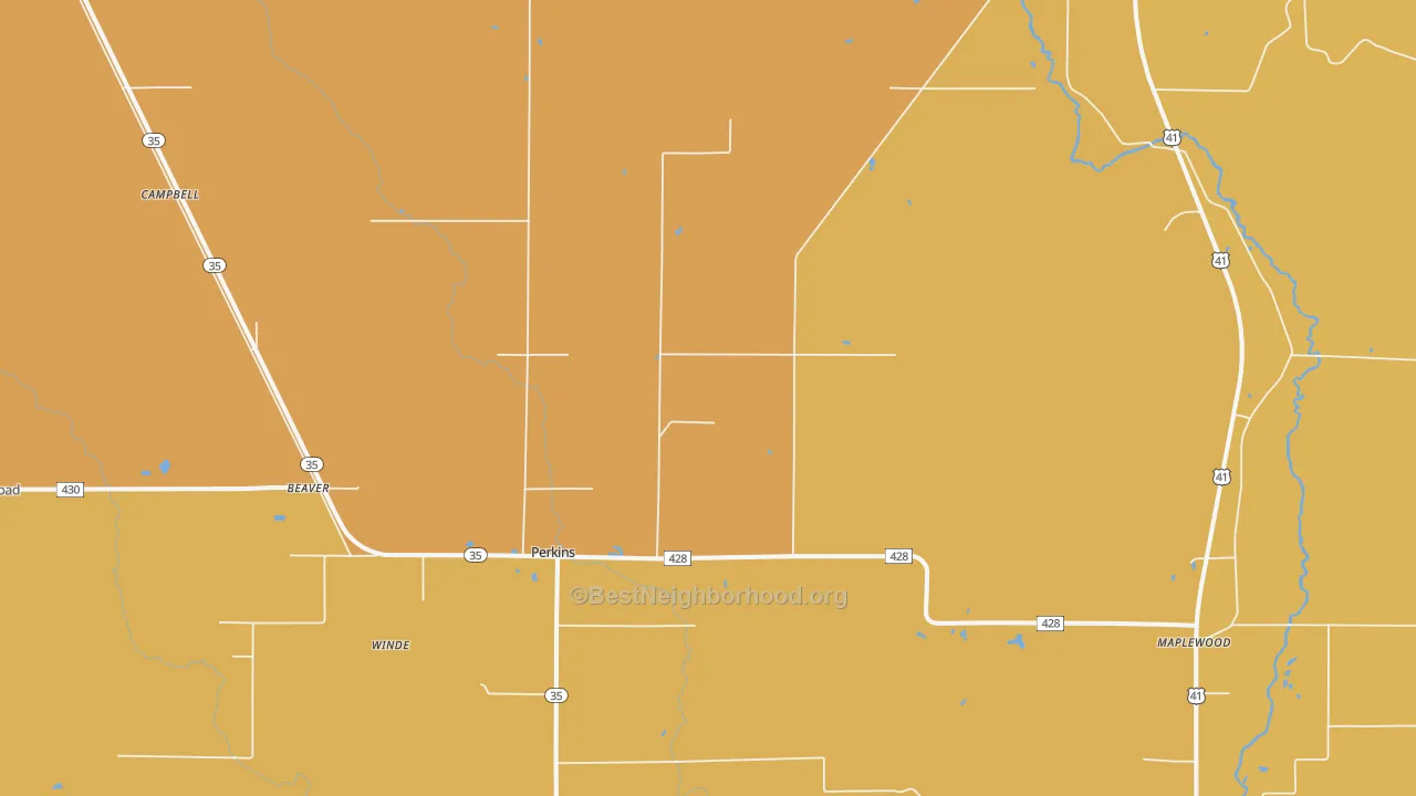 Map of the best neighborhoods in the Perkins area, with better matches in green and worse matches in red