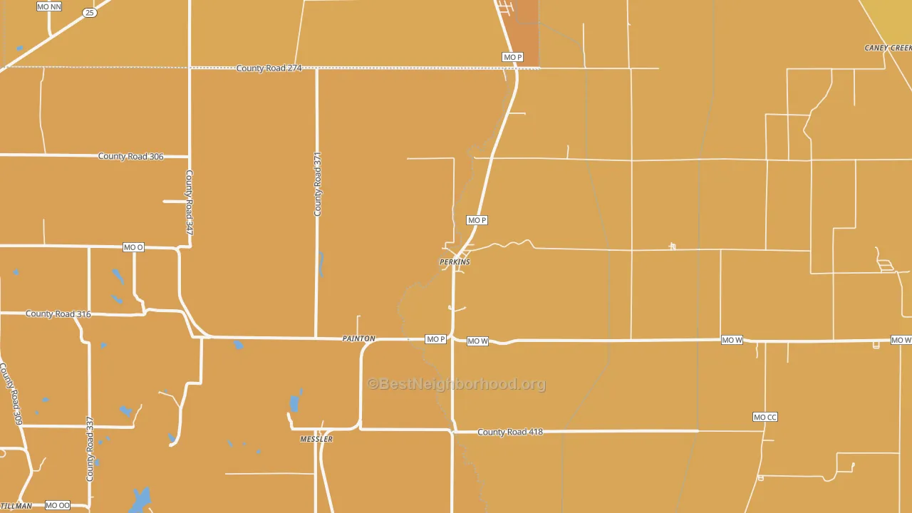 Map of the best neighborhoods in the Perkins area, with better matches in green and worse matches in red