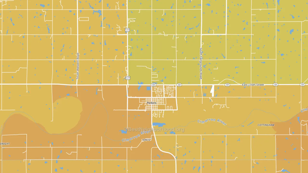 Map of the best neighborhoods in the Perkins area, with better matches in green and worse matches in red