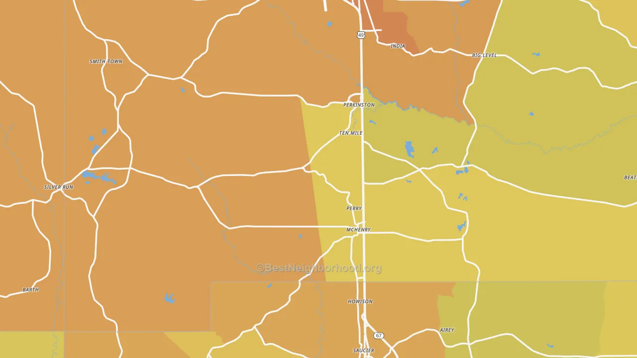 Map of the best neighborhoods in the Perkinston area, with better matches in green and worse matches in red
