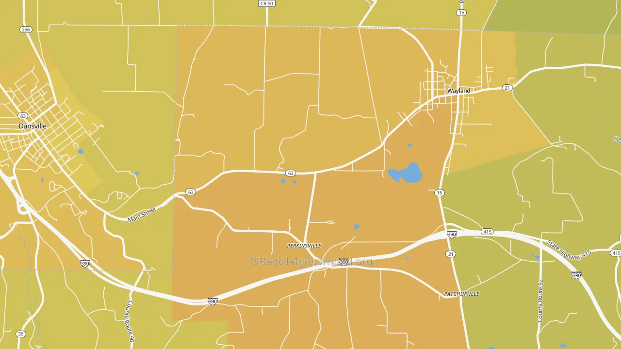 Map of the best neighborhoods in the Perkinsville area, with better matches in green and worse matches in red
