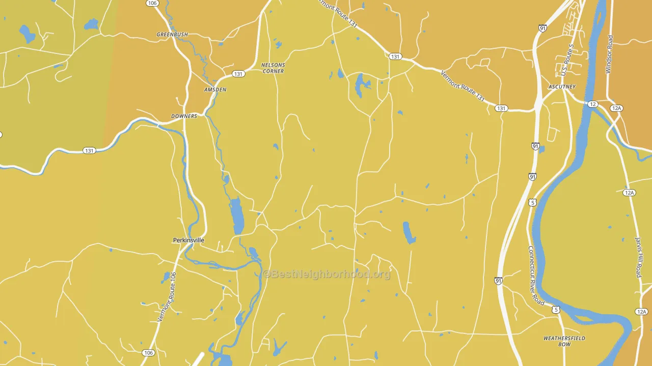 Map of the best neighborhoods in the Perkinsville area, with better matches in green and worse matches in red