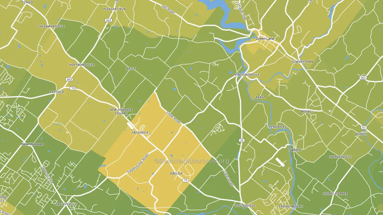 Map of the best neighborhoods in the Perkiomenville area, with better matches in green and worse matches in red