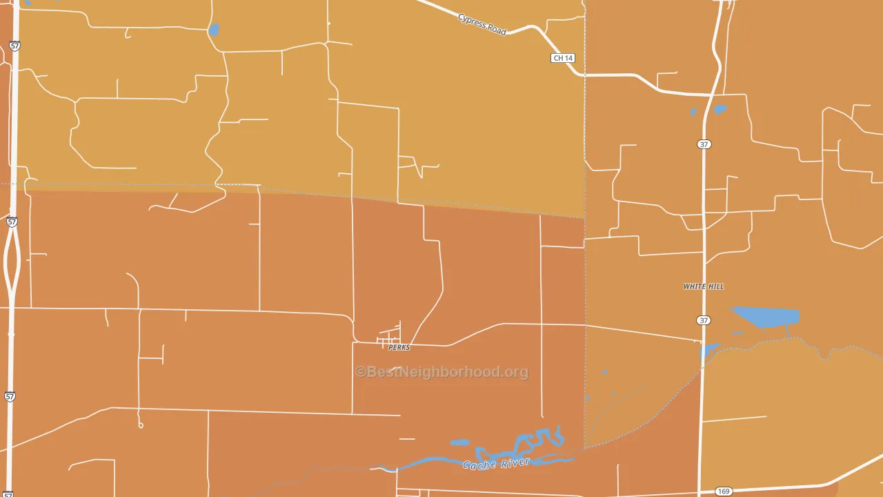 Map of the best neighborhoods in the Perks area, with better matches in green and worse matches in red