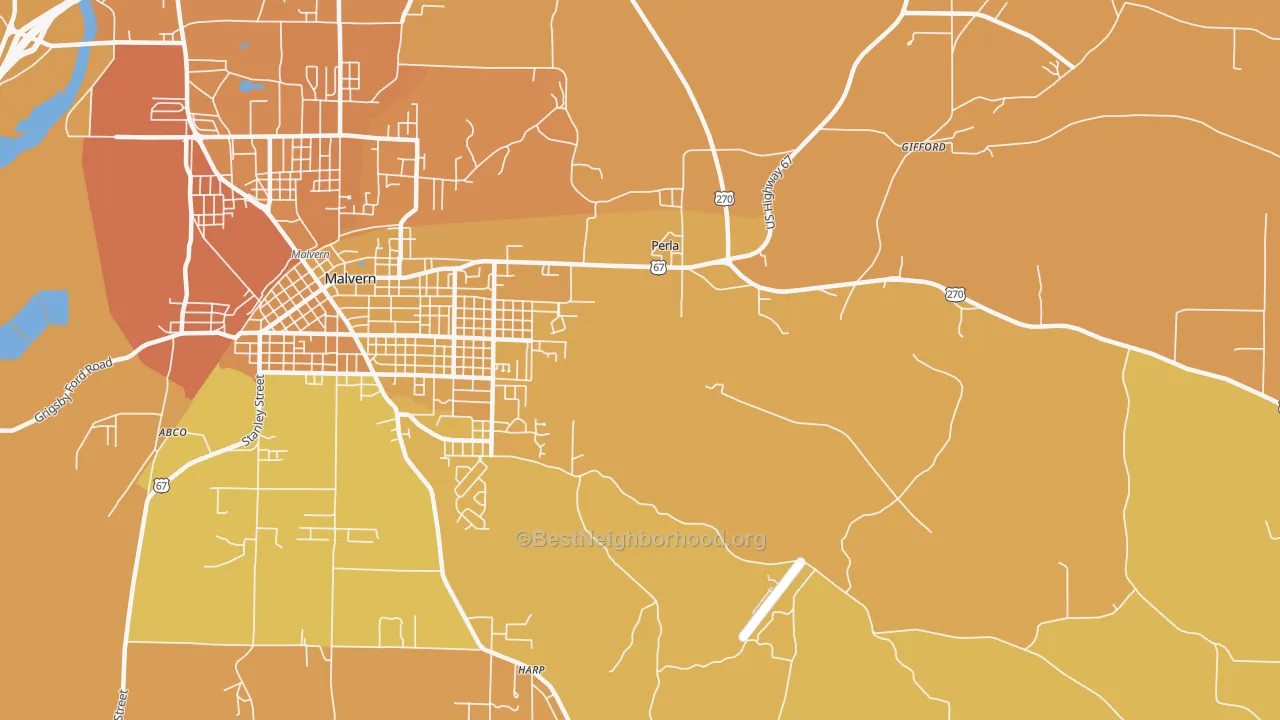 Map of the best neighborhoods in the Perla area, with better matches in green and worse matches in red