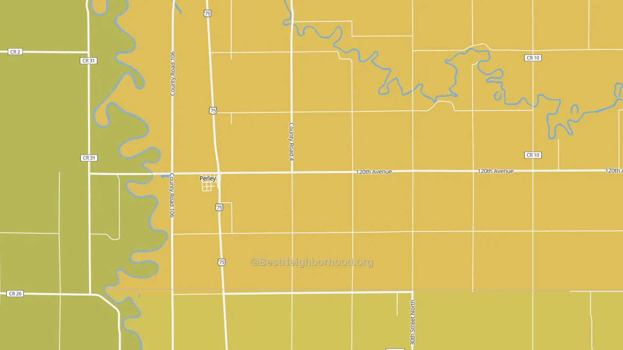 Map of the best neighborhoods in the Perley area, with better matches in green and worse matches in red