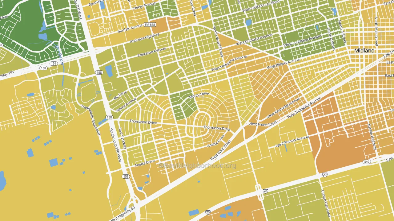 Map of the best neighborhoods in the Permian Estates, Midland area, with better matches in green and worse matches in red