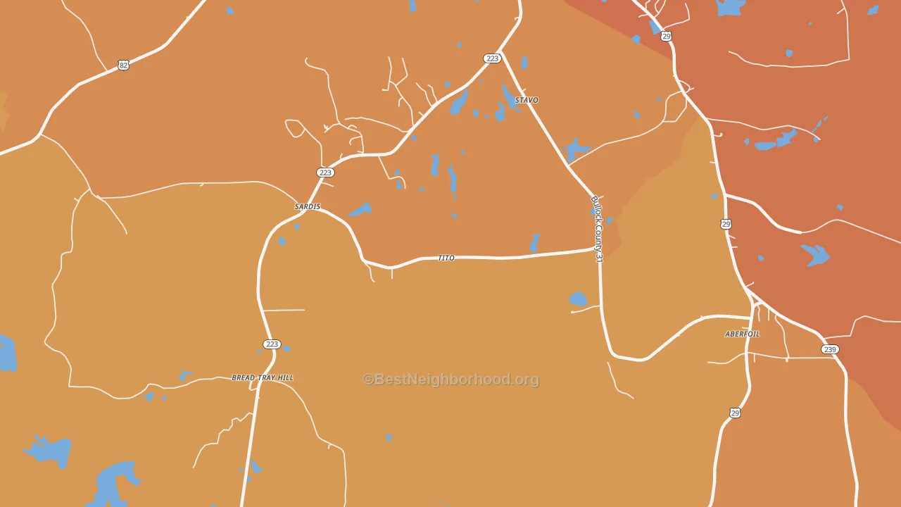 Map of the best neighborhoods in the Perote area, with better matches in green and worse matches in red