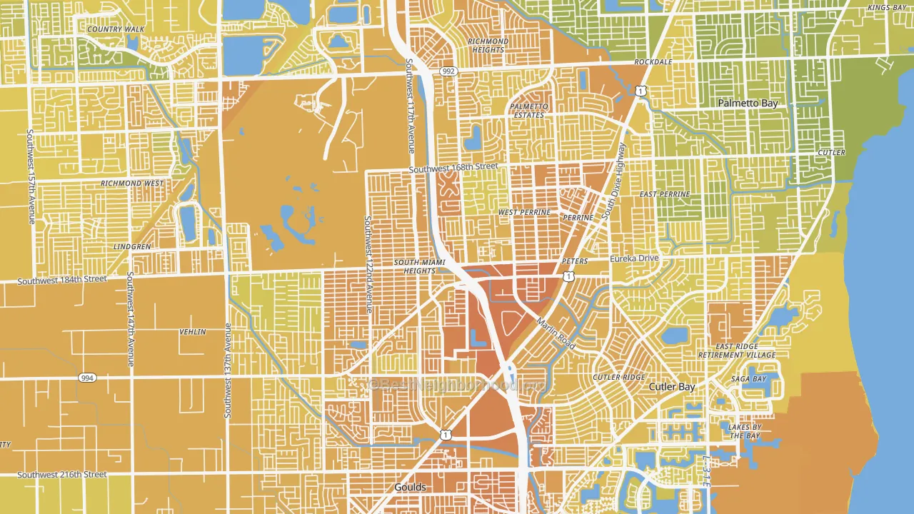 Map of the best neighborhoods in the Perrine area, with better matches in green and worse matches in red