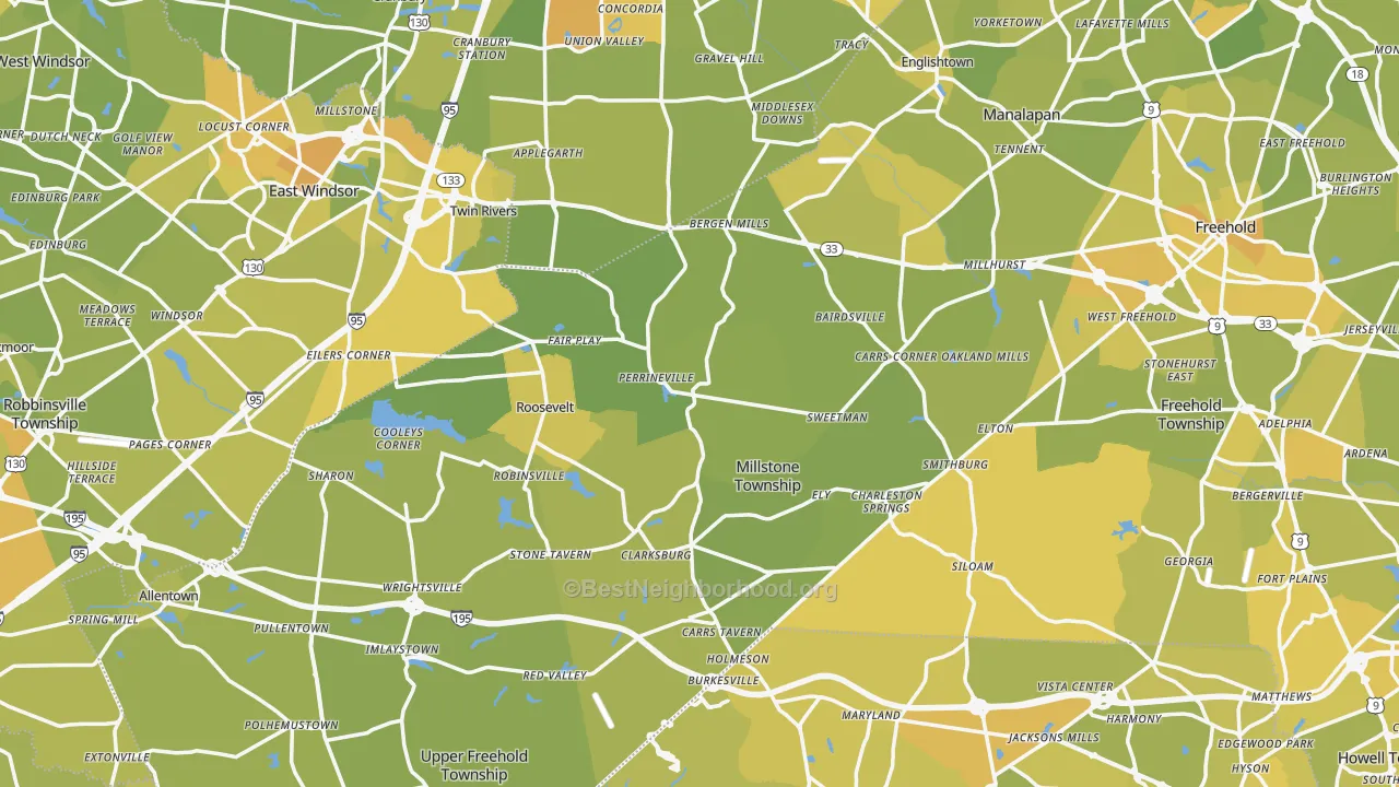 Map of the best neighborhoods in the Perrineville area, with better matches in green and worse matches in red