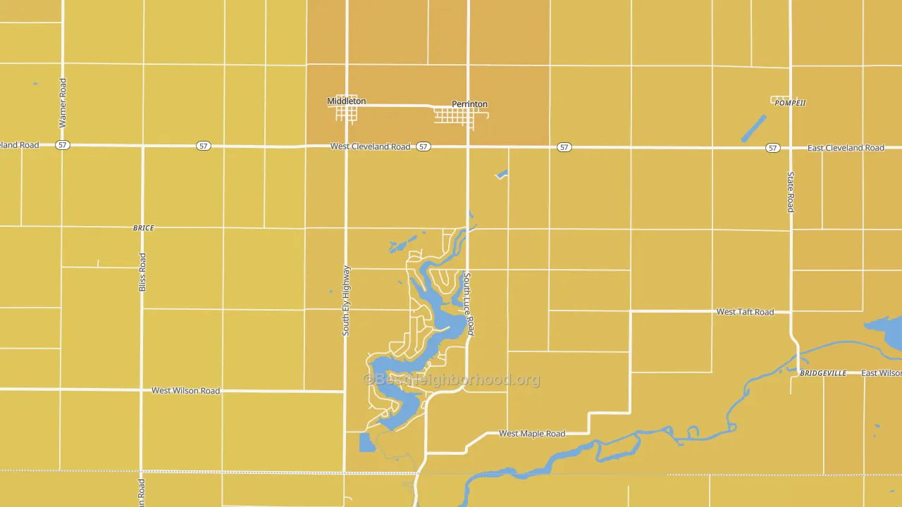 Map of the best neighborhoods in the Perrinton area, with better matches in green and worse matches in red