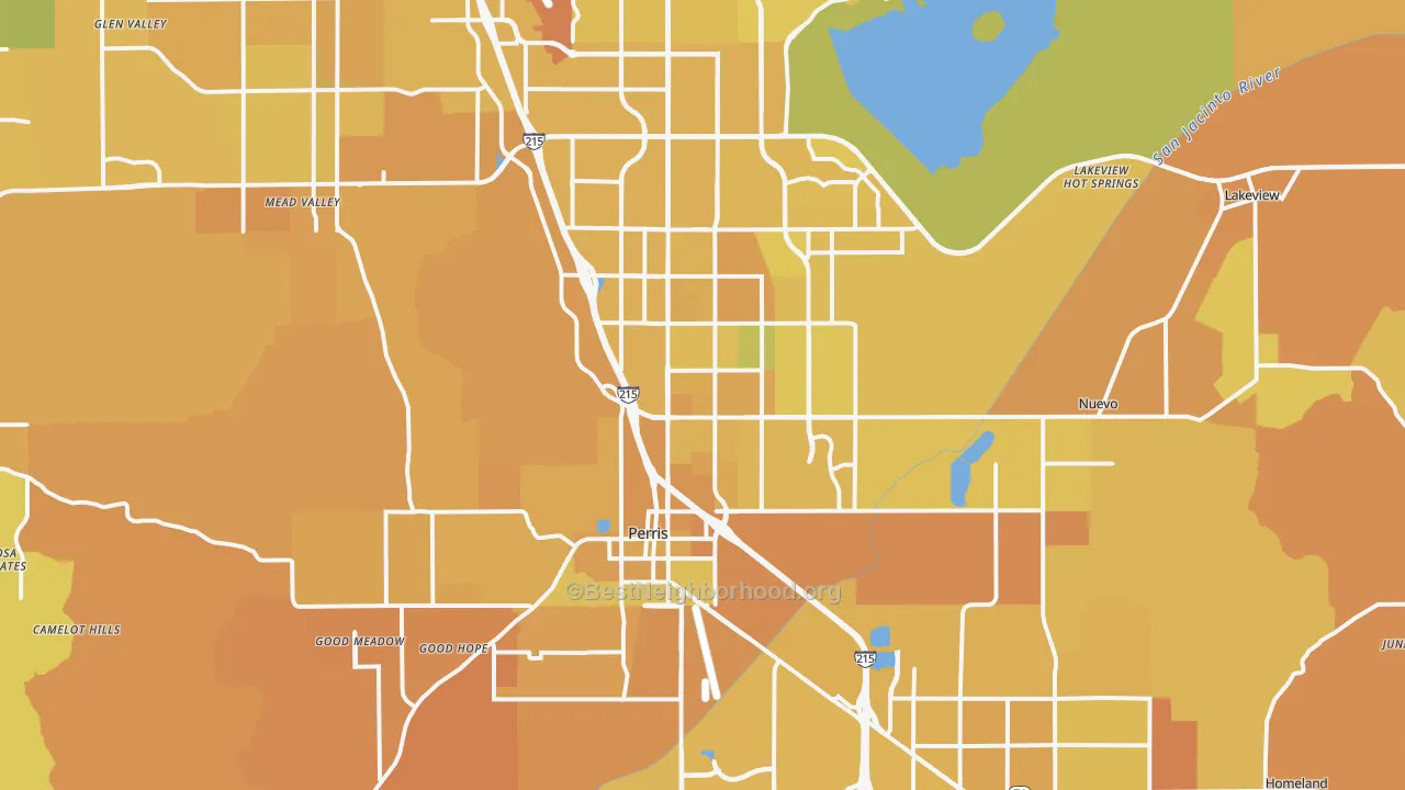 Map of the best neighborhoods in the Perris area, with better matches in green and worse matches in red