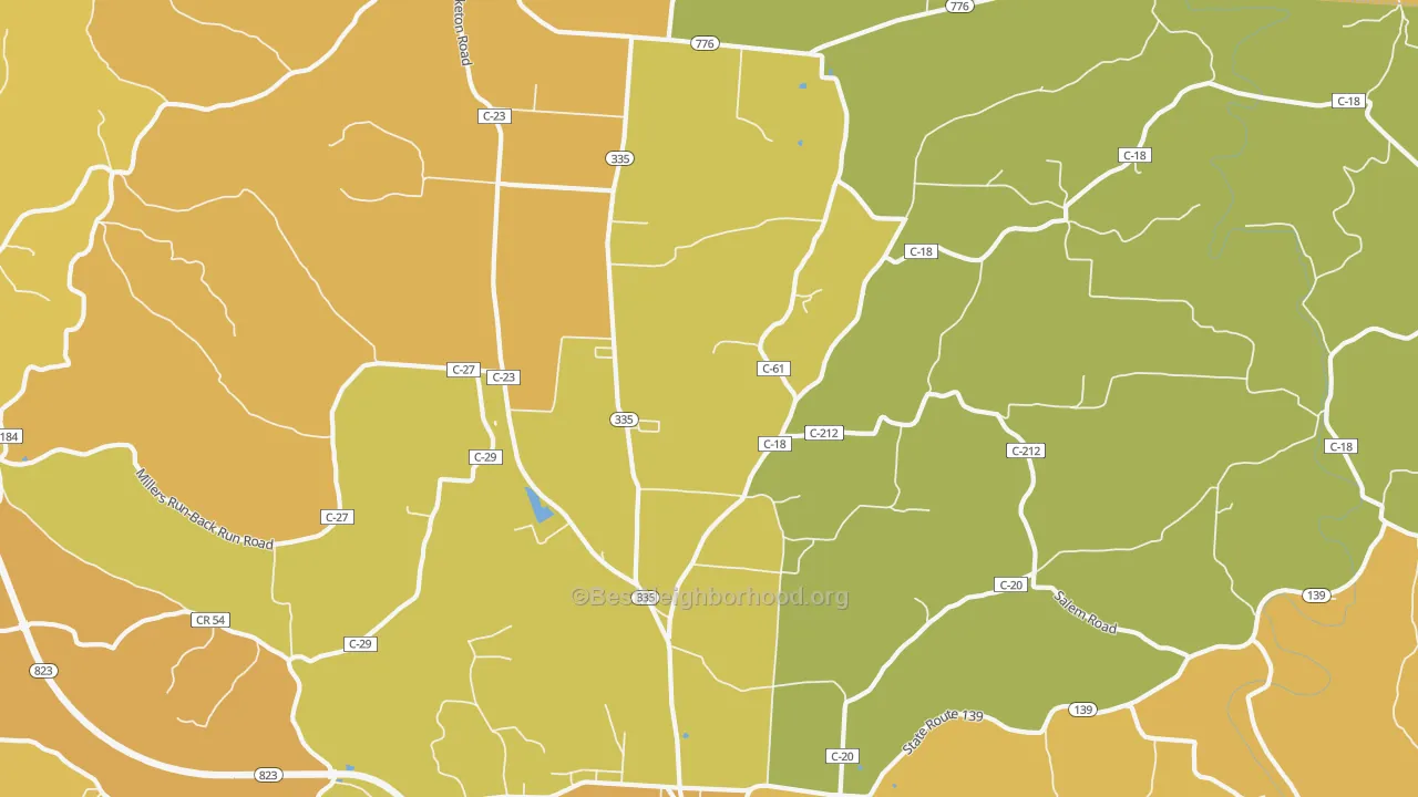 Map of the best neighborhoods in the Perry Addition area, with better matches in green and worse matches in red