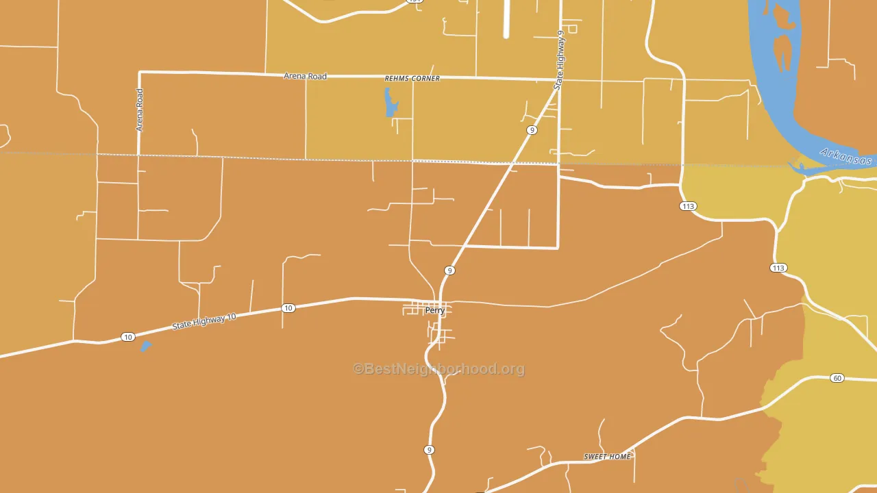 Map of the best neighborhoods in the Perry area, with better matches in green and worse matches in red