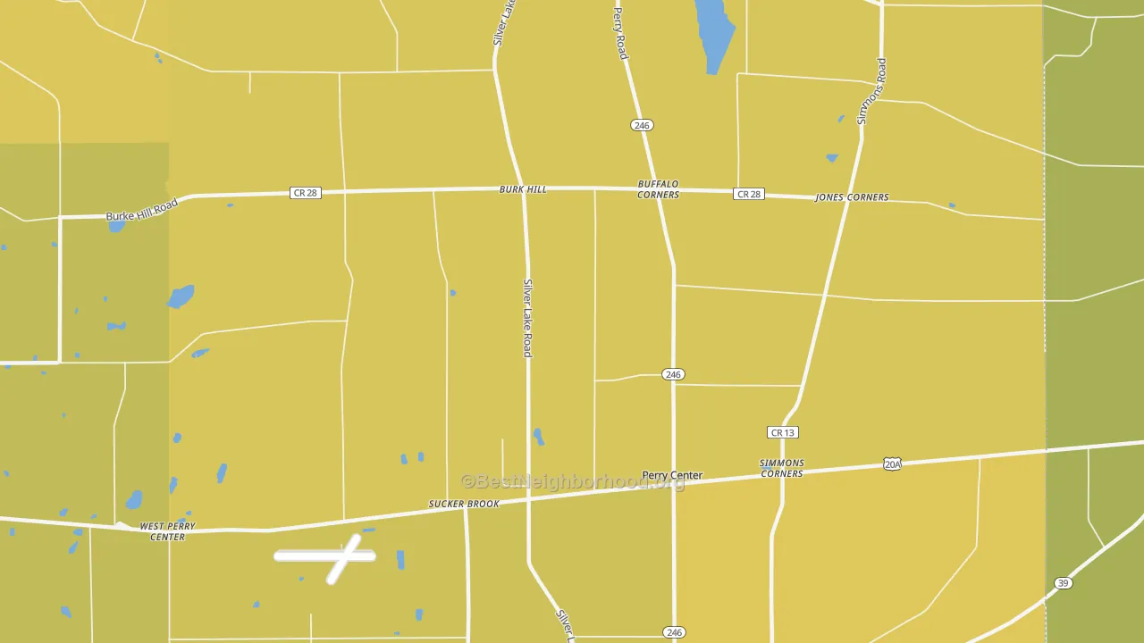 Map of the best neighborhoods in the Perry Center area, with better matches in green and worse matches in red