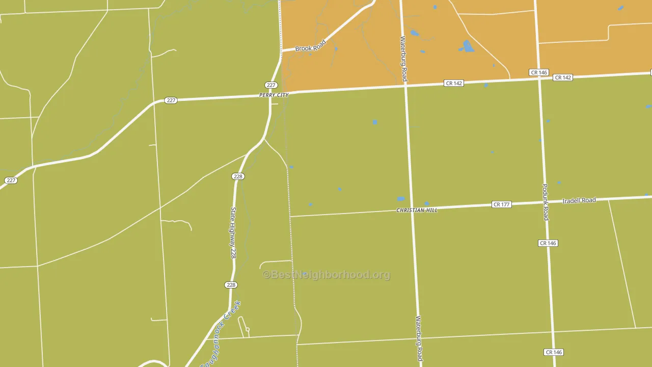 Map of the best neighborhoods in the Perry City area, with better matches in green and worse matches in red