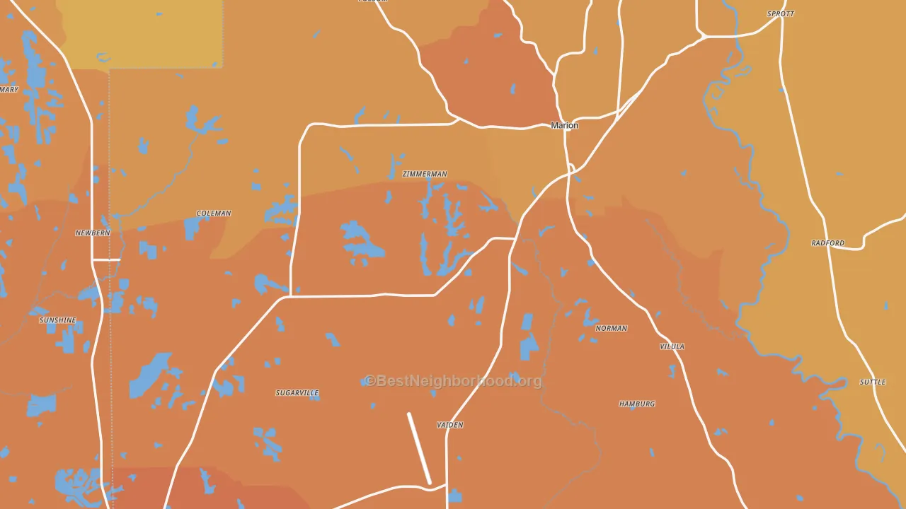 Map of the best neighborhoods in the Perry County area, with better matches in green and worse matches in red
