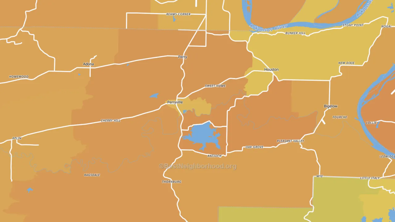 Map of the best neighborhoods in the Perry County area, with better matches in green and worse matches in red
