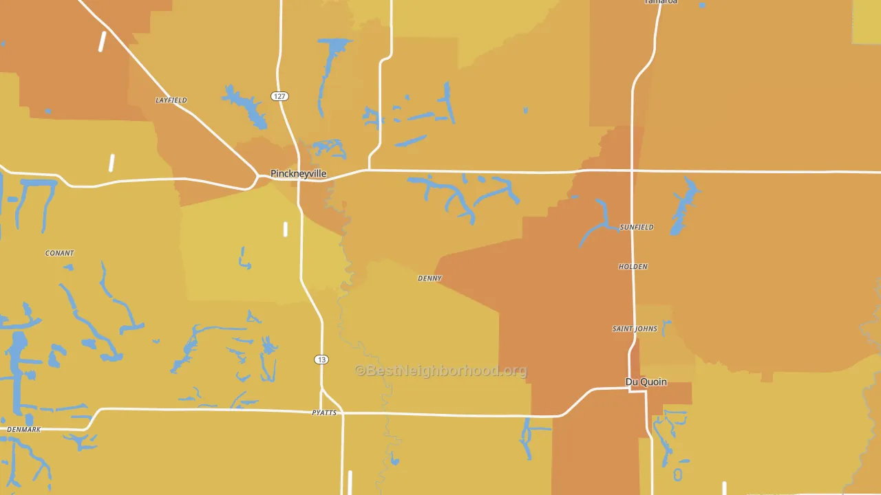 Map of the best neighborhoods in the Perry County area, with better matches in green and worse matches in red