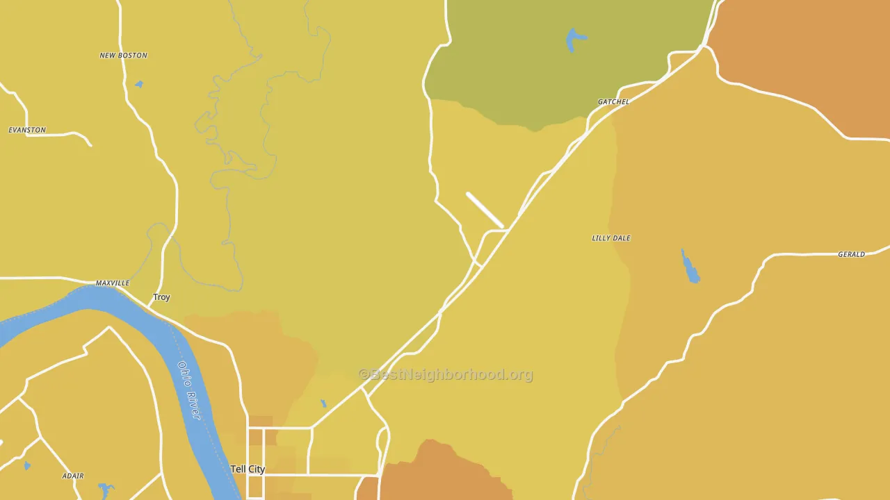 Map of the best neighborhoods in the Perry County area, with better matches in green and worse matches in red