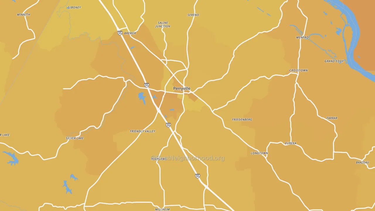 Map of the best neighborhoods in the Perry County area, with better matches in green and worse matches in red