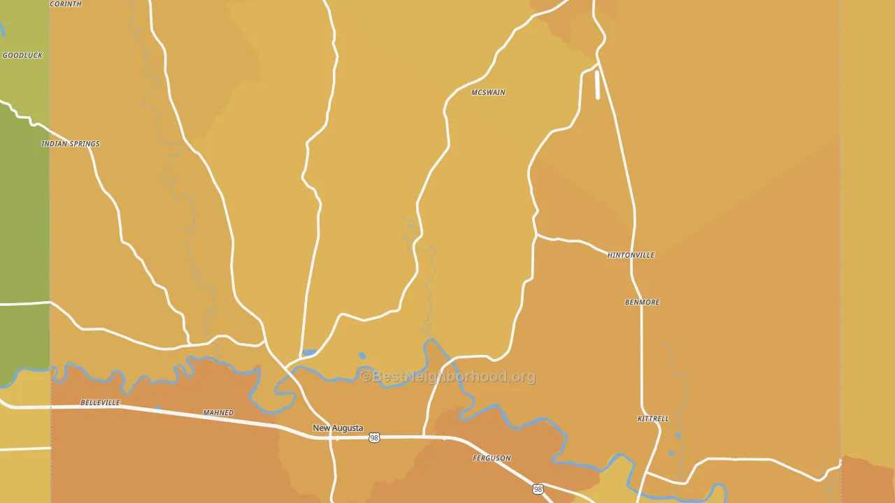 Map of the best neighborhoods in the Perry County area, with better matches in green and worse matches in red
