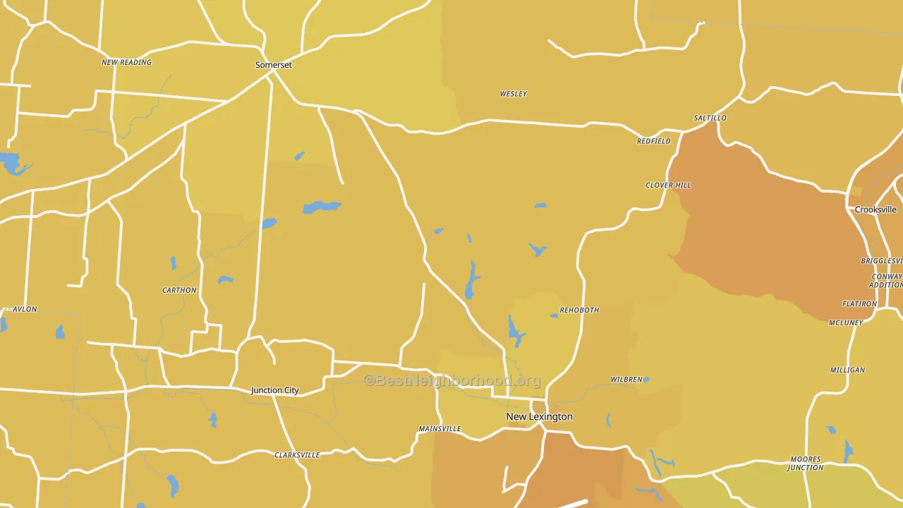 Map of the best neighborhoods in the Perry County area, with better matches in green and worse matches in red