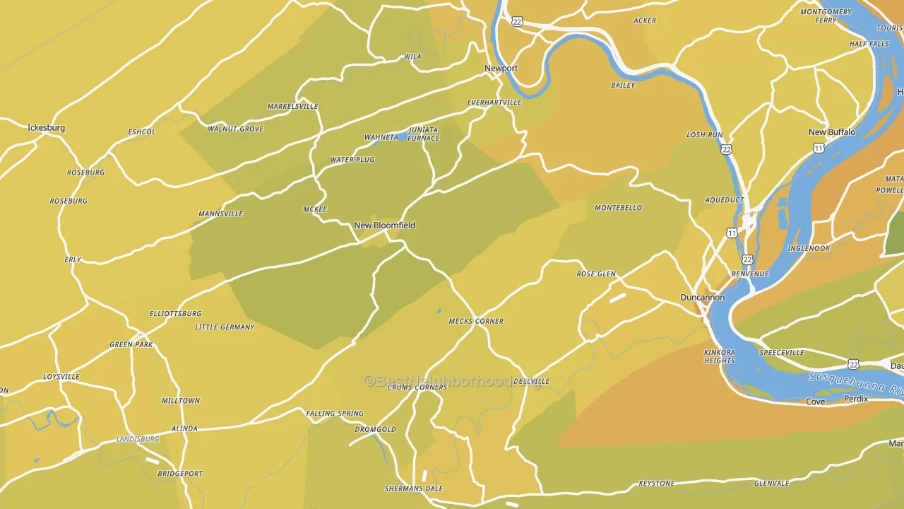 Map of the best neighborhoods in the Perry County area, with better matches in green and worse matches in red