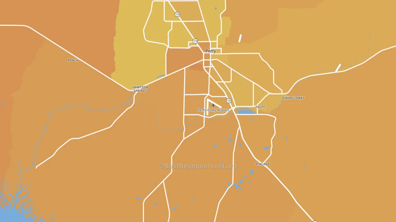 Map of the best neighborhoods in the Perry area, with better matches in green and worse matches in red