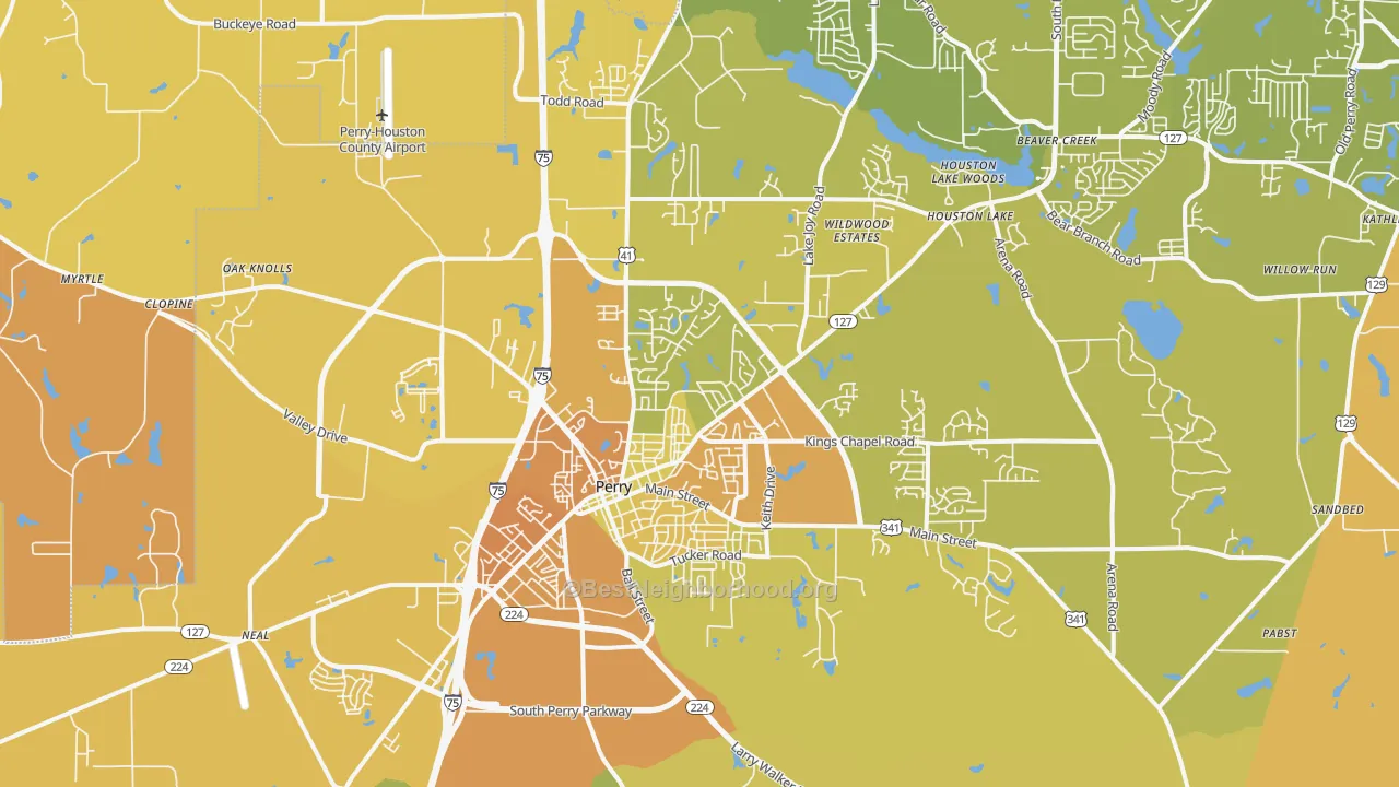 Map of the best neighborhoods in the Perry area, with better matches in green and worse matches in red