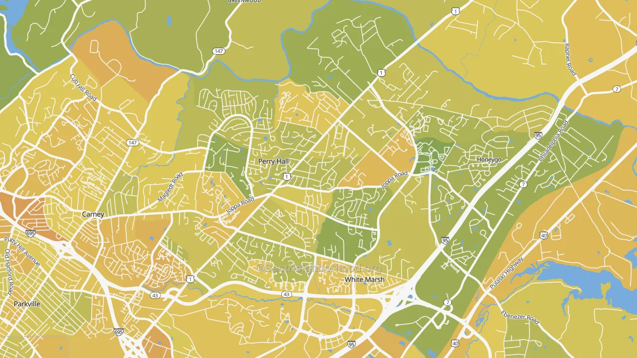Map of the best neighborhoods in the Perry Hall area, with better matches in green and worse matches in red