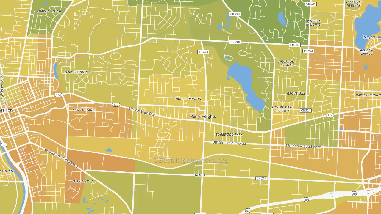 Map of the best neighborhoods in the Perry Heights area, with better matches in green and worse matches in red
