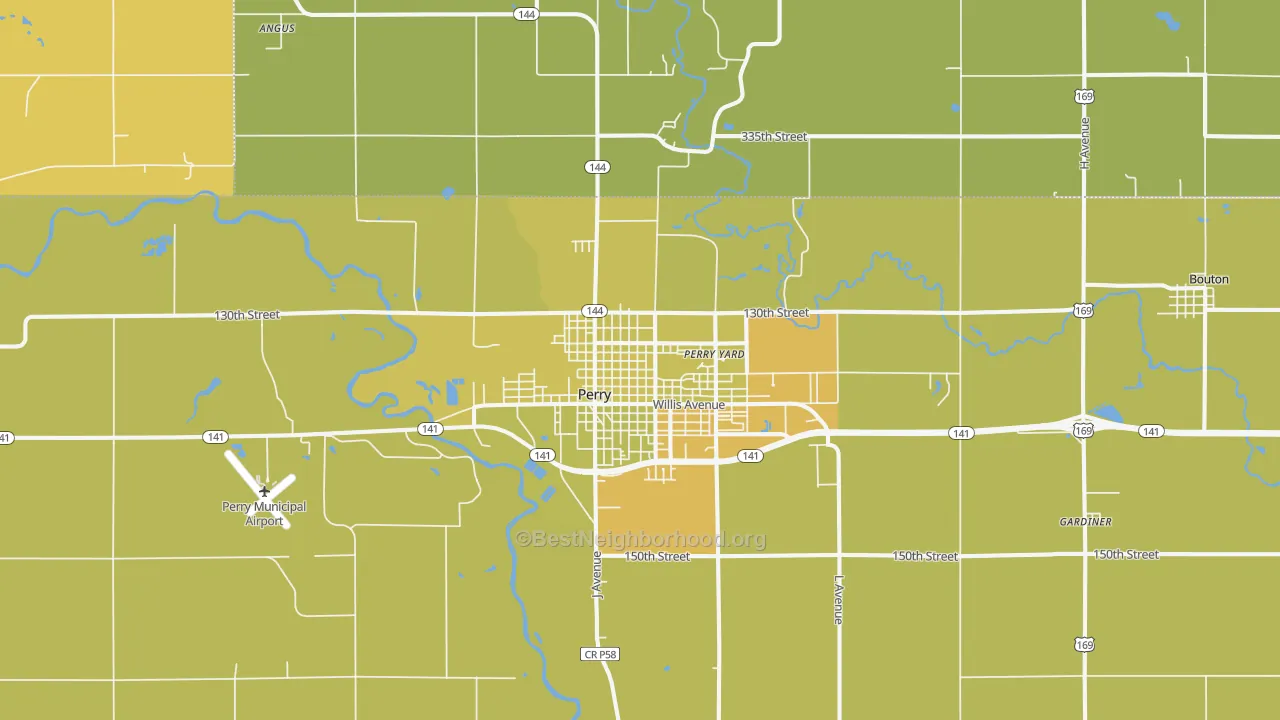 Map of the best neighborhoods in the Perry area, with better matches in green and worse matches in red