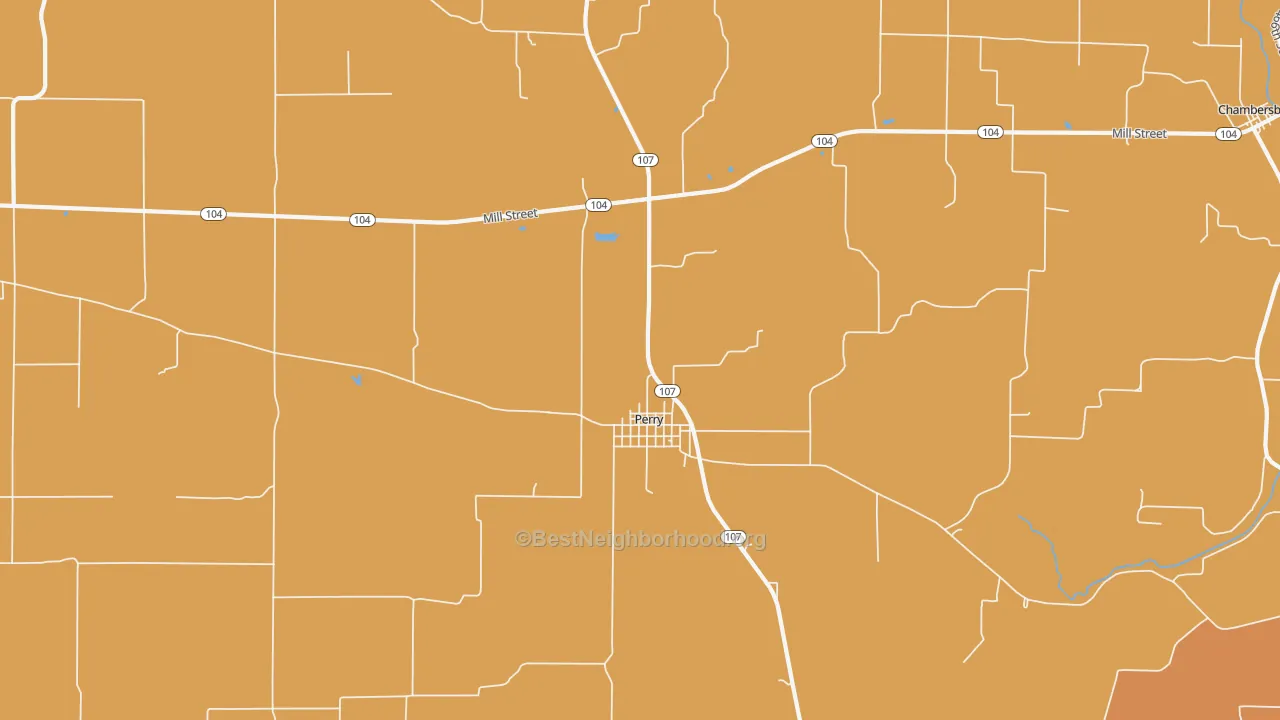 Map of the best neighborhoods in the Perry area, with better matches in green and worse matches in red