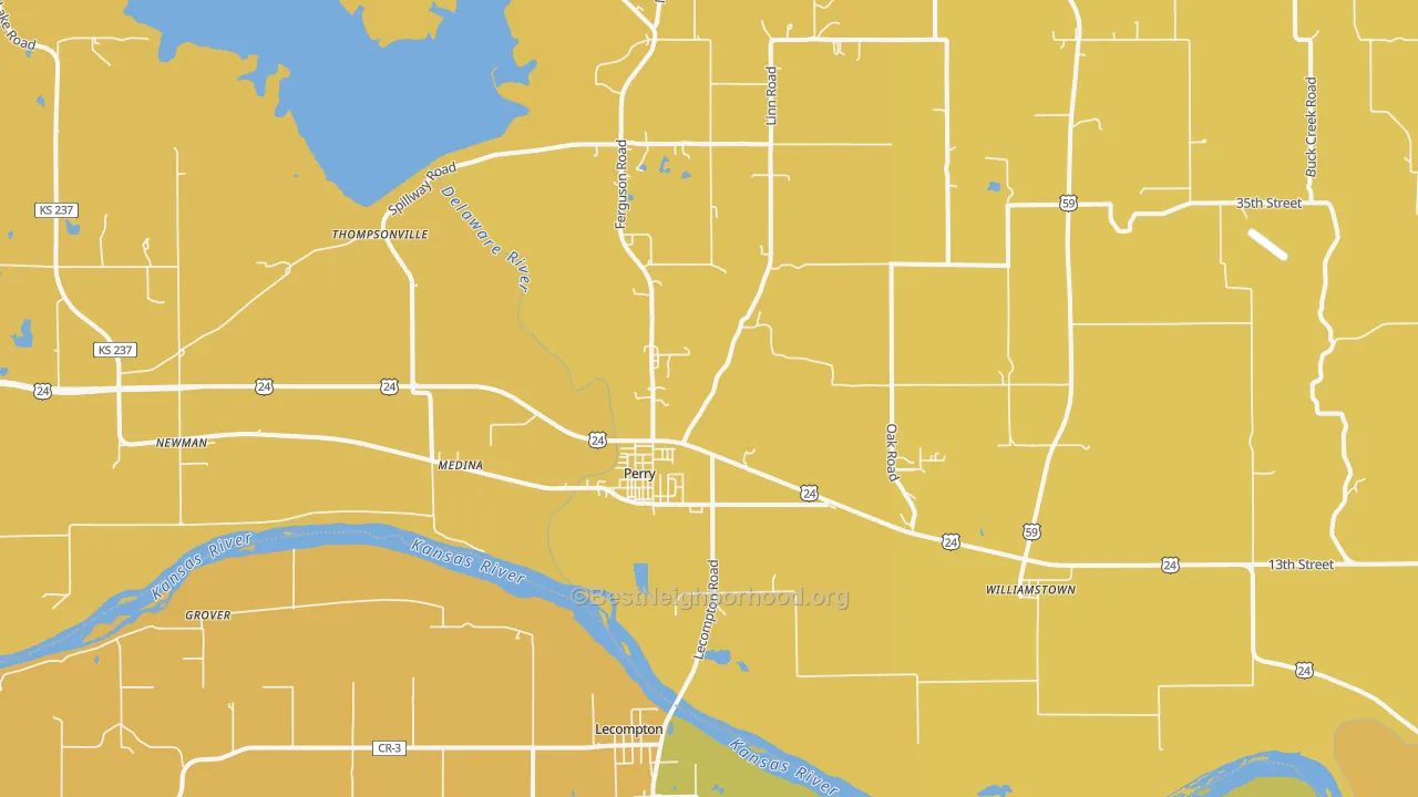 Map of the best neighborhoods in the Perry area, with better matches in green and worse matches in red