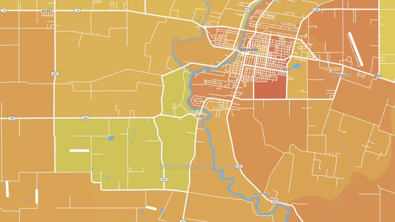 Map of the best neighborhoods in the Perry area, with better matches in green and worse matches in red