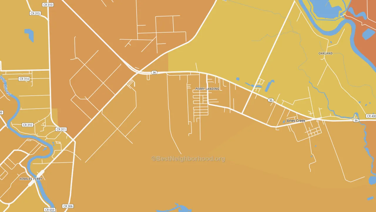 Map of the best neighborhoods in the Perry Landing area, with better matches in green and worse matches in red