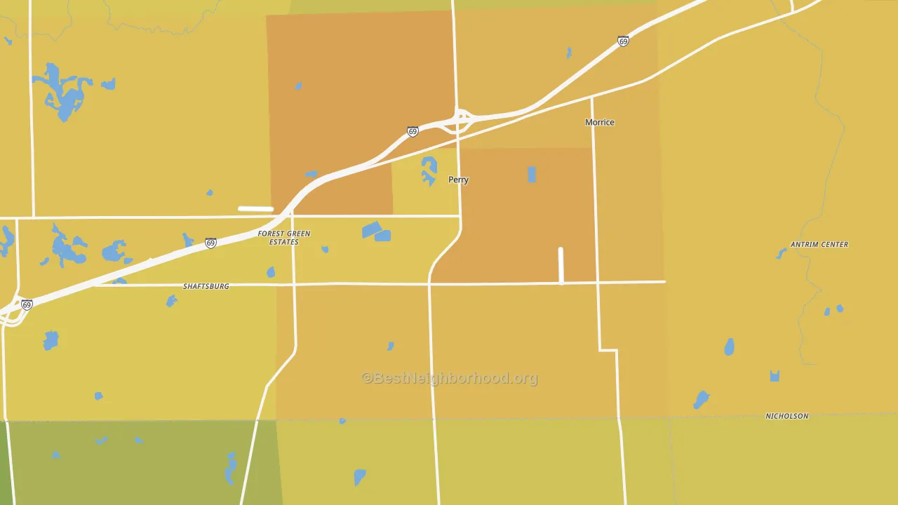 Map of the best neighborhoods in the Perry area, with better matches in green and worse matches in red