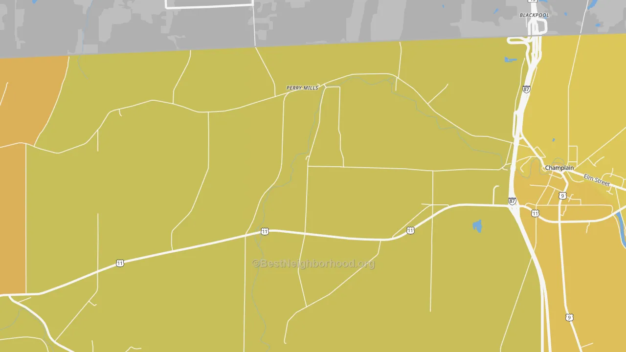 Map of the best neighborhoods in the Perry Mills area, with better matches in green and worse matches in red