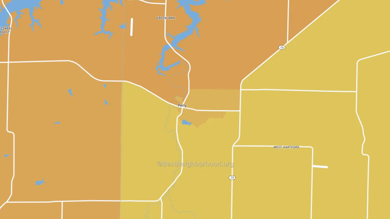 Map of the best neighborhoods in the Perry area, with better matches in green and worse matches in red