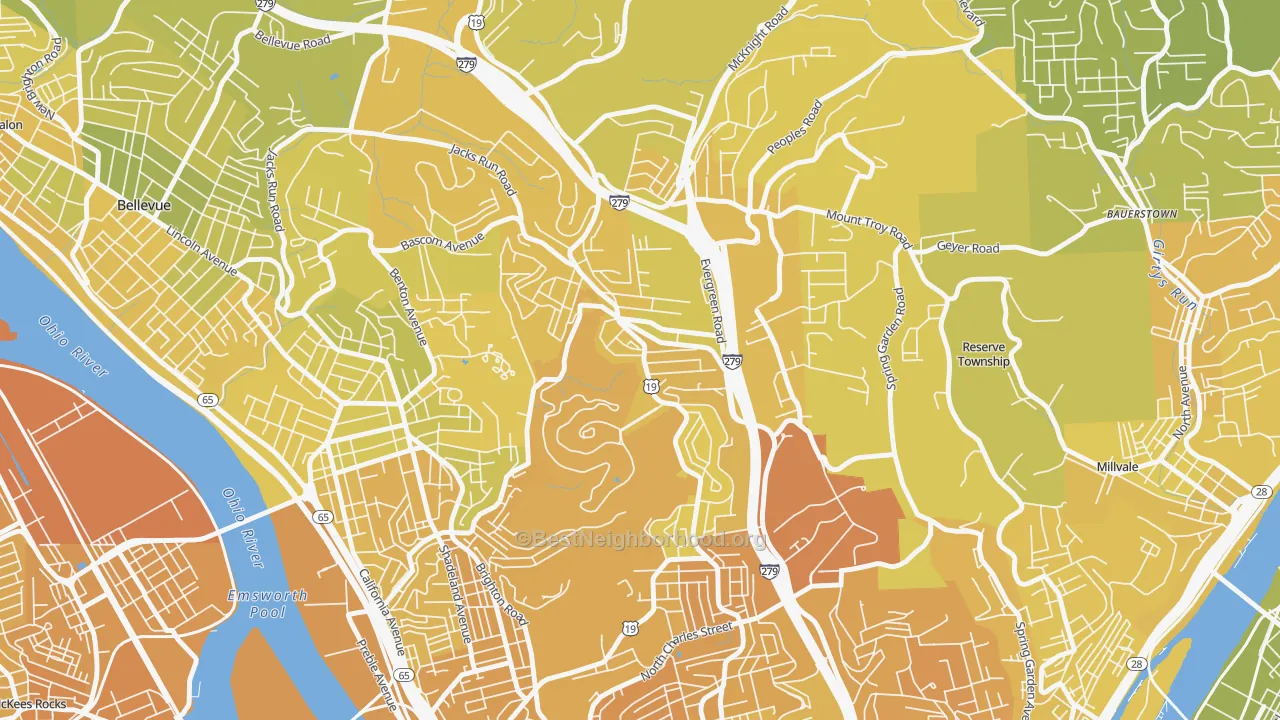 Map of the best neighborhoods in the Perry North, Pittsburgh area, with better matches in green and worse matches in red