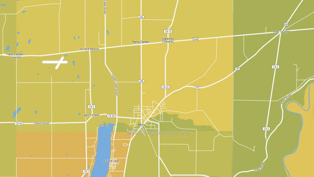 Map of the best neighborhoods in the Perry area, with better matches in green and worse matches in red