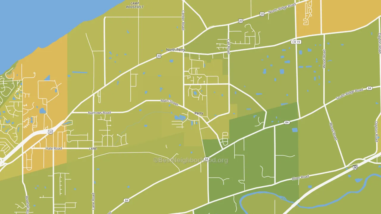 Map of the best neighborhoods in the Perry area, with better matches in green and worse matches in red