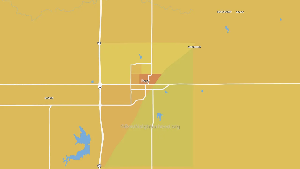 Map of the best neighborhoods in the Perry area, with better matches in green and worse matches in red
