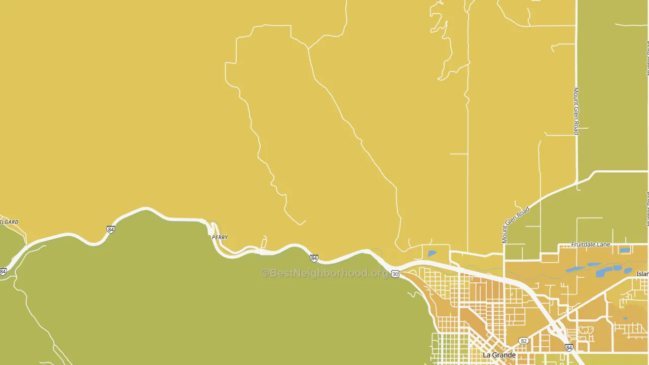 Map of the best neighborhoods in the Perry area, with better matches in green and worse matches in red