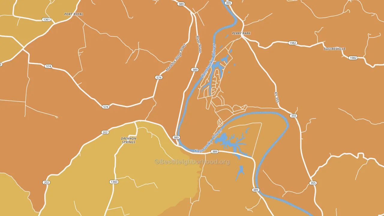 Map of the best neighborhoods in the Perry Park area, with better matches in green and worse matches in red
