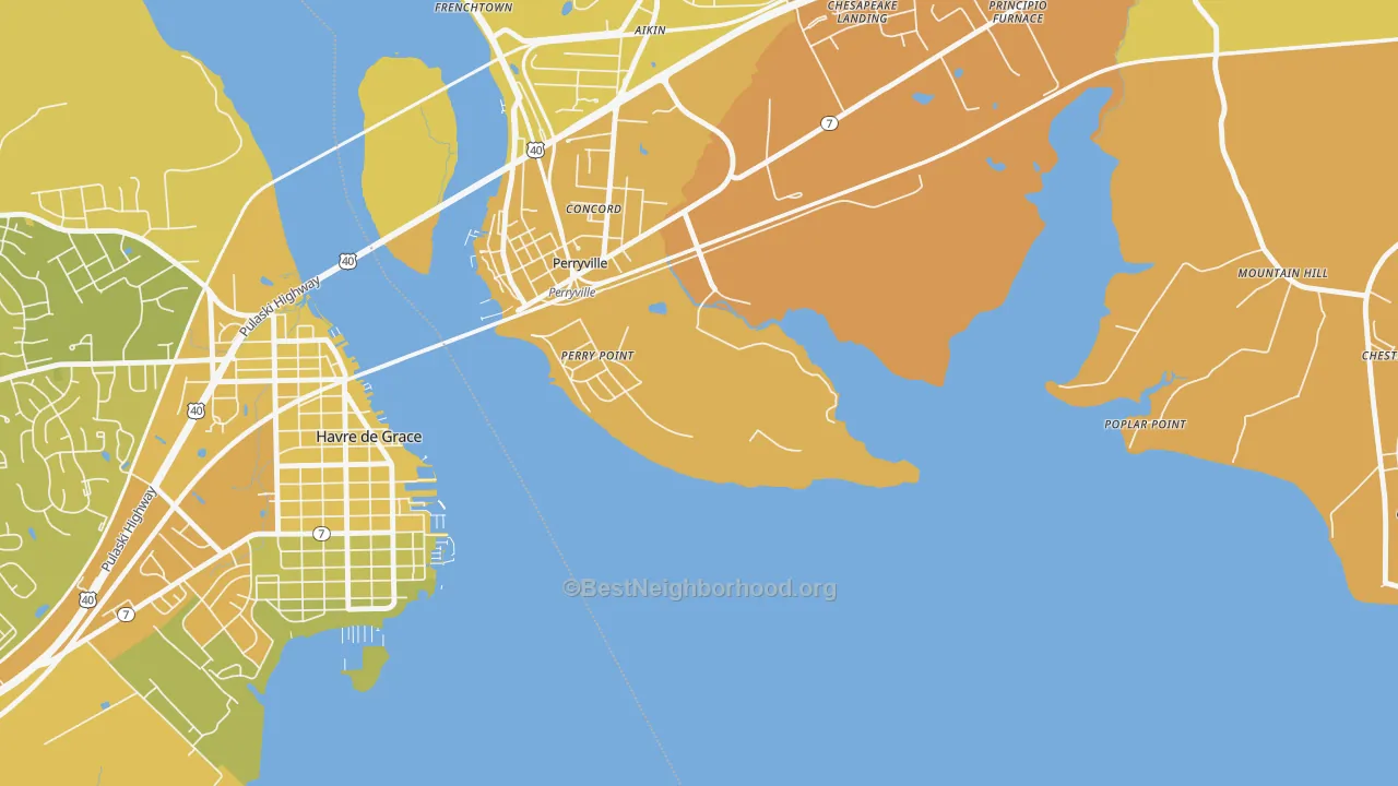 Map of the best neighborhoods in the Perry Point area, with better matches in green and worse matches in red