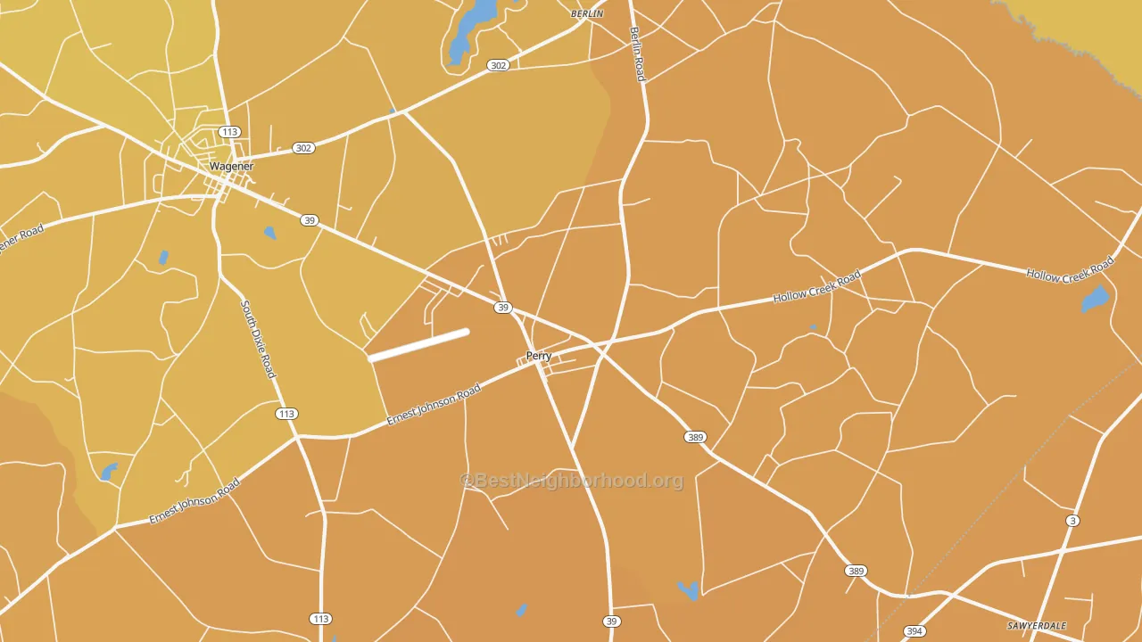 Map of the best neighborhoods in the Perry area, with better matches in green and worse matches in red